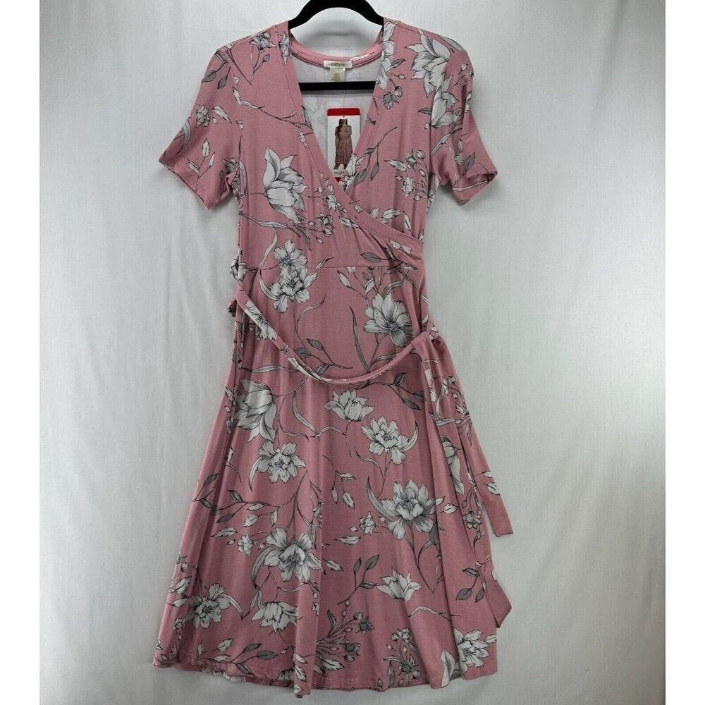 Matty M Midi Dress Womens Sz M Faux Wrap V-Neck Short Sleeves Belted Floral Pink